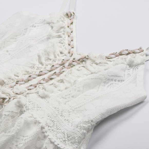 Boho White Lace Embroidered Tassel V-Neck Strapless Flowy Maxi Dress Sundress - Picture 6 of 10